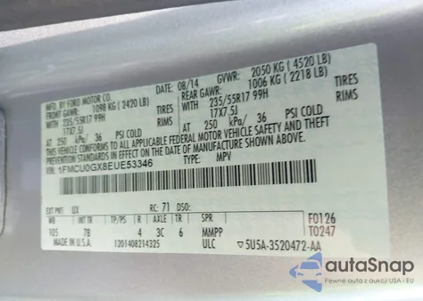 2014 Ford Escape Se z USA, uszkodzony, nr VIN 1FMCU0GX8EUE53346